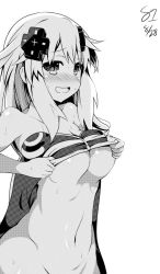 Rule 34 | 1girl, adult neptune, bare shoulders, blush, bottomless, breasts, cleavage, clothes lift, commentary request, d-pad, d-pad hair ornament, embarrassed, from side, greyscale, groin, hair ornament, hood, hooded jacket, jacket, jacket lift, kurozero, lifted by self, long hair, looking at viewer, medium breasts, monochrome, navel, neptune (series), out-of-frame censoring, partially unzipped, shin jigen game neptune vii, simple background, solo, underboob, white background