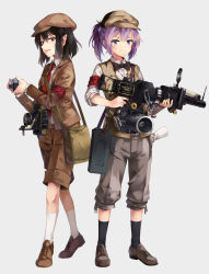 Rule 34 | 10s, 2girls, :d, alternate costume, aoba (kancolle), armband, bag, beret, black bow, black bowtie, black hair, black socks, blazer, blouse, blue eyes, blush, bow, bowtie, brown footwear, brown jacket, brown shorts, buttons, camera, closed mouth, collared shirt, commentary request, cross-laced footwear, crossed legs, crossover, dress shirt, finger on trigger, forbidden scrollery, full body, grey background, grey footwear, grey shorts, hair between eyes, hat, highres, holding, holding camera, jacket, kantai collection, kneehighs, legs apart, long sleeves, looking at viewer, messy hair, multiple girls, necktie, neko (yanshoujie), no wings, open clothes, open jacket, open mouth, pocket, pointy ears, ponytail, purple hair, red eyes, red necktie, safety pin, scroll, shameimaru aya, shameimaru aya (newsboy), shirt, shoes, short hair, shorts, shoulder bag, sidelocks, simple background, sleeves rolled up, smile, socks, steampunk, touhou, trait connection, vest, watson cross, white legwear, white shirt