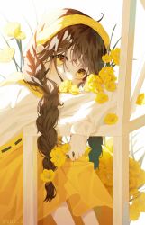 Rule 34 | 1girl, absurdres, arm rest, artist name, blouse, blush, braid, brown hair, commentary, crossed arms, flower, hair flower, hair ornament, head rest, highres, holding, holding flower, leaning, looking at viewer, on chair, on ground, original, ryane (yry 0), sailor collar, school uniform, shirt, sitting, skirt, solo, symbol-only commentary, tulip, twin braids, white background, white shirt, yellow eyes, yellow sailor collar, yellow skirt, yellow theme