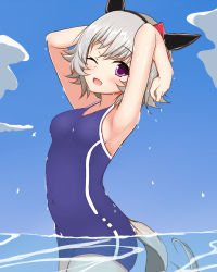 Rule 34 | 1girl, ;d, animal ears, armpits, arms up, bare arms, bare shoulders, black hairband, blue one-piece swimsuit, blue sky, blush, bow, breasts, cloud, commentary request, covered navel, curren chan (umamusume), day, ear bow, grey hair, hairband, horse ears, horse girl, looking at viewer, one-piece swimsuit, one eye closed, open mouth, outdoors, purple eyes, red bow, sky, small breasts, smile, solo, sonosakiburi, swimsuit, umamusume, water