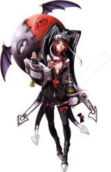 Rule 34 | 1girl, antennae, arc system works, balloon, bat wings, black eyes, black footwear, black gloves, black hat, black shirt, black skirt, black thighhighs, blue wings, boots, bow, bow legwear, breasts, breasts apart, buckle, center opening, cleavage, closed mouth, clothes writing, crop top, cropped jacket, english text, female focus, fingerless gloves, full body, gloves, guilty gear, guilty gear 2, hand up, hat, head tilt, ishiwatari daisuke, jacket, long sleeves, looking at viewer, lucifero (guilty gear), medium breasts, miniskirt, monster, nail polish, necktie, no bra, official art, one-eyed, open clothes, open jacket, open shirt, peaked cap, pleated skirt, purple nails, red bow, red eyes, red hair, red necktie, scar, shirt, short hair, skeleton, skirt, sleeve cuffs, sleeves past wrists, solo, standing, stitches, teeth, thigh boots, thighhighs, transparent background, valentine (guilty gear), white jacket, wings, zettai ryouiki, zipper, zipper pull tab