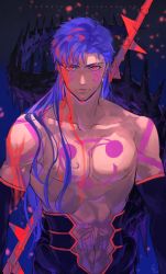 Rule 34 | 1boy, abs, bare shoulders, biceps, blood, blue hair, bodypaint, character name, closed mouth, cu chulainn (fate), cu chulainn (fate) (all), cu chulainn (fate/stay night), cu chulainn alter (fate), cu chulainn alter (fate/grand order), dark persona, earrings, facepaint, fate/grand order, fate (series), gae bolg (fate), iz izhara, jewelry, lancer, long hair, male focus, muscular, navel, nipples, pectorals, polearm behind back, red eyes, signature, solo, spikes, tail, topless male, type-moon, wet, wet hair