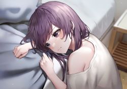 Rule 34 | 1girl, blanket grab, blouse, blush, closed mouth, earrings, head on bed, indoors, jewelry, light particles, long hair, luxiel, off shoulder, original, purple eyes, purple hair, shirt, single bare shoulder, solo, swept bangs, tearing up, tears, upper body, white shirt