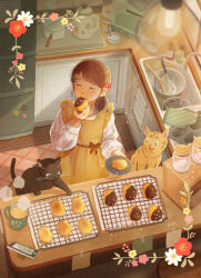 Rule 34 | 1girl, animal, ao (aohari), apron, black cat, bow, bowl, brown hair, cat, chocolate, closed eyes, coffee, coffee mug, commentary request, counter, cup, eating, flower, food, freckles, from above, hair flower, hair ornament, highres, holding, holding food, holding plate, indoors, jar, kitchen, long hair, long sleeves, mug, original, oven mitts, plate, red flower, scone, signature, sink, smile, solo, sprinkles, standing, sticky note, sweater, sweets, tray, whisk, white flower, yellow apron