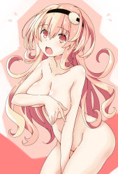 Rule 34 | 1girl, blush, breasts, compa, covering privates, covering breasts, covering crotch, hair between eyes, highres, iwashi dorobou -r-, large breasts, long hair, looking at viewer, navel, neptune (series), nude, open mouth, pink eyes, pink hair