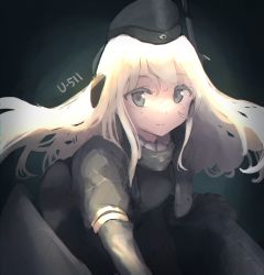 Rule 34 | 1girl, blonde hair, blue eyes, character name, closed mouth, cropped jacket, elbow gloves, garrison cap, gloves, grey gloves, grey hat, grey jacket, hair between eyes, hat, headphones, highres, jacket, kantai collection, long hair, ma rukan, revision, solo, u-511 (kancolle)