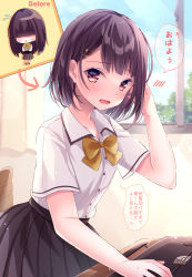 Rule 34 | 1girl, before and after, black hair, black skirt, blush, bow, briefcase, brown bow, chair, chibi, collared shirt, commentary request, curtains, day, desk, dress shirt, flying sweatdrops, glint, hair ornament, hair over eyes, hairclip, indoors, long hair, nemuri nemu, open mouth, original, pleated skirt, school briefcase, school chair, school desk, school uniform, shirt, short hair, short sleeves, skirt, translation request, very long hair, wavy mouth, white shirt, window
