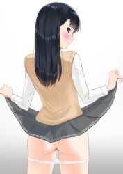 Rule 34 | 1girl, amagami, ass, ayatsuji tsukasa, black eyes, black hair, blush, censored, closed mouth, clothes lift, cowboy shot, from behind, gradient background, grey background, grey skirt, highres, kero320, kibito high school uniform, long hair, long sleeves, looking at viewer, looking back, panties, panty pull, pleated skirt, profile, pussy, school uniform, shirt, skirt, skirt lift, solo, straight hair, sweater vest, underwear, white background, white panties, white shirt, yellow sweater vest
