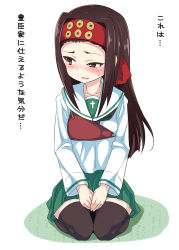 Rule 34 | 10s, 1girl, black thighhighs, blouse, blush, brown eyes, brown hair, girls und panzer, green skirt, headband, highres, long hair, looking at viewer, looking away, miniskirt, miyao ryuu, muneate, ooarai school uniform, parted lips, pleated skirt, saemonza (girls und panzer), school uniform, seiza, serafuku, shirt, sitting, skirt, solo, sweatdrop, thighhighs, translation request, unusually open eyes, white background, white shirt