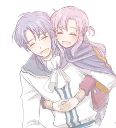 Rule 34 | 1boy, 1girl, ascot, blue hair, brother and sister, cape, carrying, ethlyn (fire emblem), closed eyes, fire emblem, fire emblem: genealogy of the holy war, hira (otemoto84), hug, hug from behind, nintendo, piggyback, pink hair, siblings, sigurd (fire emblem), smile