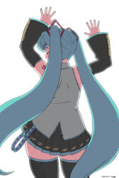 Rule 34 | 1girl, aqua hair, arm tattoo, artist name, black sleeves, boots, closed eyes, curvy, dancing, dated, detached sleeves, from behind, hatsune miku, highres, long hair, mage (harumagedon), nail polish, open mouth, signature, simple background, skindentation, solo, tattoo, thick thighs, thigh boots, thighs, translation request, twintails, vocaloid, white background