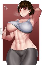 Rule 34 | 1girl, abs, absurdres, arcedo, areola slip, arm behind head, arm up, armpits, border, breasts, breath, collarbone, commentary, english commentary, fanning breasts, fanning self, gradient background, highres, large breasts, looking at viewer, navel, niijima makoto, pants, parted lips, persona, persona 5, red background, red eyes, short hair, signature, simple background, solo, sports bra, sportswear, stomach, sweat, thighs, toned, toned female, underboob, white border