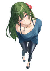 Rule 34 | 1girl, alternate costume, arms behind back, black footwear, black pants, blue sweater, breasts, casual, cleavage, from above, full body, green hair, highres, jewelry, leaning forward, long hair, looking at viewer, medium breasts, necklace, pants, simple background, smile, solo, sousou no frieren, sweater, tight (ohmygod), ubel (sousou no frieren), white background