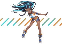 Rule 34 | 1girl, aoi (altea0923), armlet, bike shorts, black hair, blue eyes, blue hair, commentary request, creatures (company), crop top, dark-skinned female, dark skin, earclip, earrings, floating hair, full body, game freak, gloves, hair bun, highres, hoop earrings, jewelry, knees, legs apart, long hair, looking at viewer, multicolored hair, navel, necklace, nessa (pokemon), nintendo, outstretched arm, parted lips, partially fingerless gloves, pokemon, pokemon swsh, sandals, single glove, single hair bun, solo, swimsuit, two-tone hair, white background, white footwear