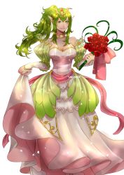Rule 34 | 1girl, bare shoulders, bouquet, bride, dress, elbow gloves, fire emblem, fire emblem: mystery of the emblem, fire emblem awakening, fire emblem heroes, flower, formal, gloves, green eyes, green hair, hair flower, hair ornament, highres, jewelry, long hair, necklace, nintendo, aged up, pointy ears, ponytail, sakudrew, solo, strapless, strapless dress, tiara, tiki (fire emblem), veil, wedding dress, white dress, white flower, white gloves
