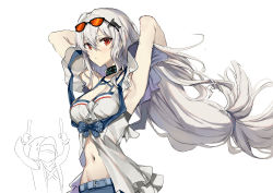 Rule 34 | 1girl, absurdres, arknights, armpits, arms behind head, arms up, belt, black choker, breasts, center opening, choker, cleavage, doctor (arknights), eyewear on head, floating hair, hair between eyes, highres, long hair, looking at viewer, low-tied long hair, medium breasts, molyb, navel, official alternate costume, red eyes, shirt, silver hair, simple background, skadi (arknights), skadi (waverider) (arknights), sketch, sleeveless, sleeveless shirt, solo, stomach, sunglasses, upper body, very long hair, white background, white shirt