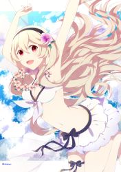 Rule 34 | armpits, arms up, bikini, breasts, cleavage, cloud, cloudy sky, corrin (female) (fire emblem), corrin (female) (summer) (fire emblem), corrin (fire emblem), crml orng, fire emblem, fire emblem fates, fire emblem heroes, flower, flower necklace, frilled bikini, frills, hair flower, hair ornament, hairband, highres, jewelry, jumping, lei, long hair, medium breasts, midriff, navel, necklace, nintendo, official alternate costume, open mouth, red eyes, silver hair, sky, smile, solo, swimsuit, thigh strap, twitter username, veil, white bikini