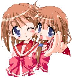 Rule 34 | 00s, 2girls, :o, blue eyes, blush, bow, bowtie, brown hair, close-up, folded ponytail, kekyo, komaki ikuno, komaki manaka, looking at viewer, multiple girls, oekaki, one eye closed, open mouth, outstretched arm, red bow, school uniform, serafuku, siblings, simple background, sisters, smile, to heart (series), to heart 2, upper body, white background, wink