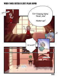 Rule 34 | +++, 2girls, 4koma, ?, alternate costume, ashes, bat wings, bed, blonde hair, blue hair, comic, english text, eyewear on head, flandre scarlet, happy new year, highres, multiple girls, new year, no headwear, no headwear, on bed, pajamas, pointy ears, red curtains, red shirt, red skirt, remilia scarlet, shirt, short hair, skirt, spoken question mark, sunglasses, touhou, vampire, wings, yellow neckwear, yoruny