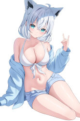 Rule 34 | 1girl, ahoge, animal ear fluff, animal ears, bikini, blue hoodie, blue shorts, blush, braid, breasts, cleavage, commentary request, earrings, fox ears, fox girl, fox shadow puppet, green eyes, hair between eyes, highres, hololive, hood, hoodie, jewelry, kag tsukimi, large breasts, long hair, looking at viewer, open clothes, open hoodie, shirakami fubuki, short shorts, shorts, sidelocks, simple background, single braid, sitting, smile, solo, swimsuit, virtual youtuber, white background, white bikini, white hair, yokozuwari