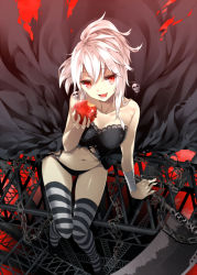 Rule 34 | 1girl, apple, arm support, bad id, bad pixiv id, bandages, bare shoulders, black dress, chain, dress, fang, food, fruit, looking at viewer, mogumo, navel, open mouth, original, ponytail, red eyes, scythe, short hair, silver hair, sitting, skull, solo, striped clothes, striped thighhighs, thighhighs, torn clothes