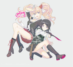 Rule 34 | 2016, 2girls, ass, black footwear, black gloves, black hair, black necktie, black skirt, blonde hair, blood, blood on clothes, blood on feet, bloody knife, bloody weapon, blue eyes, boots, bow, breasts, calf boots, camouflage, camouflage jacket, camouflage vest, cleavage, closed mouth, collarbone, danganronpa: trigger happy havoc, danganronpa (series), enoshima junko, eyebrows, fingernails, freckles, frown, full body, gloves, grey background, hair bow, hair ornament, high heeled boots, high heels, holding, holding knife, holding weapon, ikusaba mukuro, jacket, kneeling, knife, long-sleeved shirt, long hair, long sleeves, looking at viewer, medium breasts, multicolored bow, multicolored clothes, multicolored headwear, multicolored necktie, multiple girls, nail polish, necktie, nose, open mouth, pink blood, pleated skirt, rabbit hair ornament, red bow, red nails, red skirt, shirt, siblings, signature, simple background, sisters, sitting, skirt, small breasts, teeth, thighs, twins, upper teeth only, v, weapon, white bow, white necktie, white shirt