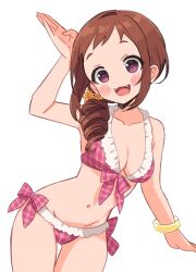 Rule 34 | 1girl, arm up, bare shoulders, bikini, blush, bracelet, breasts, brown hair, cleavage, collarbone, cowboy shot, drill hair, fang, flower, frilled bikini, frills, front-tie bikini top, front-tie top, hair flower, hair ornament, highres, idolmaster, idolmaster cinderella girls, idolmaster cinderella girls starlight stage, jewelry, long hair, looking at viewer, navel, ohara michiru, open mouth, pink bikini, pink eyes, plaid, plaid bikini, side-tie bikini bottom, simple background, small breasts, smile, solo, standing, sukoyaka (100hituzi), swimsuit, white background, yellow flower