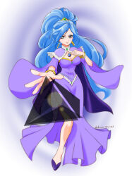 Rule 34 | 1girl, absurdres, blue hair, bracelet, breasts, chrono trigger, cleavage, dated, dress, gradient background, grey eyes, hand on own chest, high heels, highres, jewelry, long hair, looking at viewer, magic, medium breasts, necklace, purple dress, schala zeal, shikiwo, side slit, signature, solo, tiara, triangle, very long hair