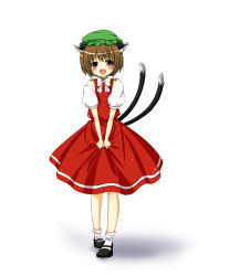 Rule 34 | 1girl, animal ears, ayase miko, brown eyes, brown hair, cat ears, cat girl, cat tail, chen, dress, fang, female focus, full body, hat, multiple tails, short hair, solo, tail, touhou, white background