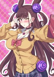 Rule 34 | 1girl, alternate costume, beige sweater, blue skirt, blush, breasts, brown hair, buttons, cellphone, choker, collared shirt, cone hair bun, double bun, dress shirt, fate/grand order, fate (series), flying sweatdrops, gem, hair bun, hair ornament, jewelry, large breasts, long hair, long sleeves, looking at viewer, murasaki shikibu (fate), necklace, one eye closed, open mouth, pendant, phone, pink background, pleated skirt, purple eyes, purple gemstone, selfie, shimouki izui, shirt, skirt, solo, two side up, very long hair, white shirt, wing collar