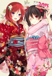 Rule 34 | 10s, 2015, 2girls, \m/, bad id, bad pixiv id, black hair, blush, bow, flower, hair bow, holding hands, happy new year, japanese clothes, kimono, long hair, looking at viewer, love live!, love live! school idol project, multiple girls, new year, nishikino maki, obi, one eye closed, purple eyes, red eyes, red hair, rose, sash, sheep, shiromikan, short hair, smile, twintails, yazawa nico