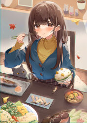 Rule 34 | 1girl, :t, absurdres, amefukura art, autumn leaves, blue cardigan, blush, bowl, brown eyes, brown hair, cardigan, cat, cat ornament, chopsticks, chromatic aberration, eating, falling leaves, fish, fish (food), grilled fish, highres, holding, holding bowl, holding chopsticks, indoors, leaf, long hair, miso soup, mushroom, original, ribbed sweater, rice bowl, sitting, sweater, table, yellow sweater