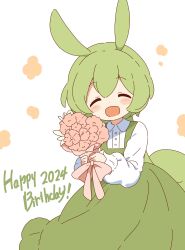 1girl :d ^_^ absurdres animal_ears blush bouquet closed_eyes collared_shirt commentary_request dot_nose dress facing_viewer flower flower_(symbol) green_dress green_hair green_tail happy_birthday highres holding holding_bouquet long_sleeves open_mouth pinafore_dress pink_flower shirt short_hair simple_background sleeveless sleeveless_dress smile solo upper_body voiceroid white_background white_shirt zundamon zungurimukkuri_tarou