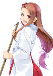 Rule 34 | 1girl, bamboo broom, bow, broom, brown hair, hair ribbon, hairband, idolmaster, idolmaster (classic), japanese clothes, long hair, long sleeves, looking at viewer, low-tied long hair, miko, minase iori, miri (ago550421), open mouth, red bow, red eyes, ribbon, signature, solo, wide sleeves