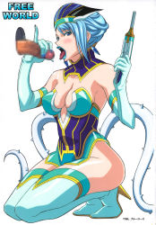 Rule 34 | 10s, 1girl, bare shoulders, blue eyes, blue hair, blue lips, blue rose (tiger &amp; bunny), blush, boots, breasts, censored, cleavage, cum, earrings, elbow gloves, eyeshadow, glory hole, gloves, gun, handgun, handjob, hat, highres, jewelry, kneeling, large breasts, lipstick, makeup, penis, pinky out, pistol, scan, scan artifacts, short hair, superhero costume, takapiko, thigh boots, thighhighs, tiger &amp; bunny, weapon