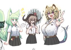 Rule 34 | ..., 3girls, animal ear fluff, aqua nails, arknights, black skirt, blue tail, blunt bangs, breast envy, breasts, brown hair, cat girl, d-flag shelter, green eyes, green hair, hand on own hip, harmonie (arknights), highres, large breasts, multiple girls, open mouth, pallas (arknights), pleated skirt, purple eyes, shirt, short hair, skirt, smile, upper body, utage (arknights), v, white background, white shirt