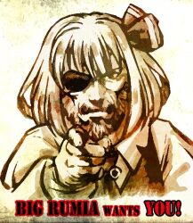 Rule 34 | beard, big boss, commentary request, english text, eyepatch, facial hair, five-seven (0verlimits), hair ribbon, i want you, metal gear (series), pointing, pointing at viewer, poster parody, ribbon, rumia, short hair, solo, touhou, upper body