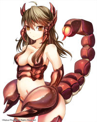 Rule 34 | 1girl, antenna hair, armor, arthropod girl, bare shoulders, blush, breastplate, breasts, brown eyes, brown hair, bug, claws, cleavage, cowboy shot, female focus, hair ornament, hair over breasts, long hair, midriff, monster girl, navel, original, pincers, ringed eyes, scorpion, scorpion girl, scorpion tail, serious, simple background, solo, suoni (deeperocean), tail, thighhighs, white background