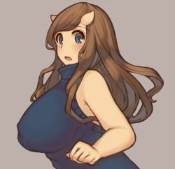 Rule 34 | 1girl, armpits, bad id, bad pixiv id, bare shoulders, blush, breasts, brown hair, fang, grey background, horns, large breasts, long hair, looking at viewer, mogu (kanikama mgmg), oni, oni horns, open mouth, original, simple background, sleeveless, sleeveless turtleneck, solo, turtleneck, white background