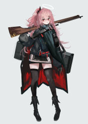 Rule 34 | 1girl, absurdres, ambriel (arknights), arknights, badge, black cape, black footwear, black gloves, black jacket, black skirt, black thighhighs, bolt action, boots, bow, candy, cape, commentary request, commission, enne kl, food, food in mouth, full body, gloves, gun, hair between eyes, hair bow, hairpin, halo, highres, holding, holding gun, holding weapon, jacket, lollipop, long hair, looking at viewer, messy hair, multicolored bow, multiple hairpins, one side up, pink hair, pixiv commission, red eyes, simple background, skirt, solo, thighhighs, weapon, weapon case, weapon request, white background, white halo