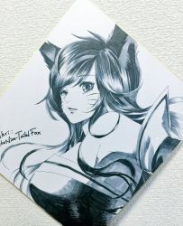 Rule 34 | 1girl, ahri (league of legends), animal ears, bad id, bad pixiv id, bare shoulders, bibico, black hair, elbow gloves, facial mark, gloves, highres, korean clothes, league of legends, looking at viewer, looking back, photo (medium), shikishi, solo