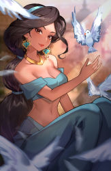 Rule 34 | 1girl, aladdin (disney), animal, animification, bandeau, bare shoulders, bird, blue bandeau, blue hairband, blue pants, blurry, blurry background, blurry foreground, breasts, brown eyes, brown hair, chibi vanille, cleavage, closed mouth, collarbone, dark-skinned female, dark skin, day, dove, earrings, feathers, female focus, gold, hair tie, hairband, hand up, happy, highres, jasmine (disney), jewelry, knees up, light particles, light rays, long hair, looking at viewer, medium breasts, midriff, navel, neck ring, off-shoulder shirt, off shoulder, outdoors, pants, parted bangs, ponytail, shirt, short sleeves, sitting, smile, solo, stomach