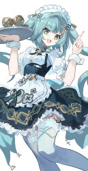 Rule 34 | 1girl, absurdres, apron, aqua hair, chinese commentary, commentary request, faruzan (cafe) (genshin impact), faruzan (genshin impact), feet out of frame, genshin impact, green eyes, hair ornament, hands up, highres, holding, holding tray, index finger raised, long hair, maid apron, maid headdress, official alternate costume, open mouth, puffy short sleeves, puffy sleeves, short sleeves, simple background, smile, solo, symbol-shaped pupils, thighhighs, tray, triangle-shaped pupils, twintails, white background, white thighhighs, white wrist cuffs, wrist cuffs, x hair ornament, xinliu asato, zettai ryouiki