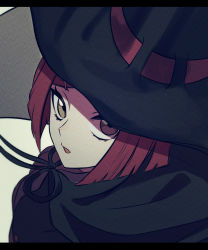 Rule 34 | 1girl, absurdres, black hat, black ribbon, blush, brown eyes, commentary request, danganronpa (series), danganronpa v3: killing harmony, from side, grey background, hair ornament, hat, highres, letterboxed, looking at viewer, nyu (bbpp08), open mouth, portrait, red hair, ribbon, short hair, simple background, solo, witch hat, yumeno himiko