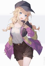 Rule 34 | 1girl, :d, absurdres, baseball cap, black hat, black jacket, blonde hair, blue eyes, braid, brown shorts, collarbone, hat, highres, jacket, looking at viewer, multicolored clothes, multicolored jacket, open mouth, paripi koumei, pink jacket, shirt, short shorts, shorts, simple background, smile, solo, tsukimi eiko, twin braids, twintails, umemaro (siona0908), white shirt, yellow jacket