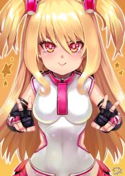 Rule 34 | &gt;:), 10s, 1girl, 2013, :&gt;, bad id, bad pixiv id, blonde hair, breasts, dated, double v, elbow gloves, fingerless gloves, gloves, hair between eyes, hair ornament, long hair, looking at viewer, miniskirt, pangya, red eyes, signature, skirt, smile, solo, spika (pangya), star (symbol), twintails, v, v-shaped eyebrows, yakan 7, yukinojou yakan