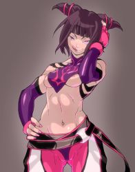 Rule 34 | 1girl, :q, abs, areola slip, breasts, brown hair, cameltoe, capcom, covered erect nipples, decko, drill hair, fingerless gloves, gloves, halterneck, halterneck, han juri, medium breasts, nail polish, naughty face, navel, nipples, pink nails, purple eyes, solo, street fighter, street fighter iv (series), tongue, tongue out, twin drills