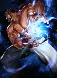 Rule 34 | 1boy, abs, barefoot, beard, black hair, closed mouth, facial hair, fighting stance, hadouken, headband, highres, large pectorals, male focus, morry, muscular, muscular male, nipples, pants, pectorals, red headband, ryu (street fighter), short hair, solo, street fighter, street fighter 6, topless male, vambraces, white pants