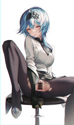 Rule 34 | 1girl, bar censor, black hairband, blue hair, blush, breasts, censored, chef, clitoris, cup, eula (genshin impact), genshin impact, gloves, hair ornament, hairband, high heels, highres, holding, holding cup, iumu, large breasts, looking at viewer, medium hair, necktie, pantyhose, peeing, peeing in cup, pointless censoring, pussy, skirt, solo, thighhighs, torn clothes, torn pantyhose, white background