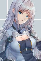 Rule 34 | 1girl, armor, blue eyes, breast tattoo, breasts, cleavage, cleavage cutout, closed mouth, clothing cutout, edamameoka, ethel (xenoblade), highres, large breasts, long hair, looking at viewer, shoulder armor, simple background, smile, solo, tattoo, upper body, very long hair, xenoblade chronicles (series), xenoblade chronicles 3